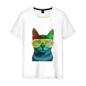 Мужская футболка хлопок с принтом Кот в очках в Тюмени, 100% хлопок | прямой крой, круглый вырез горловины, длина до линии бедер, слегка спущенное плечо. | cat | kitty | space | животные | космос | кот | котенок | кошка | очки | радуга | цвет