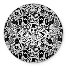 Коврик круглый с принтом Tokyo Tattoo Sticker Bomb в Тюмени, резина и полиэстер | круглая форма, изображение наносится на всю лицевую часть | casual | design | pattern | ray ban | skull | street | texture | urban | дизайн | индеец | мода | очки | повтор | принт | стикербомб | стикеры | тату | текстура | узор | улица | хулиган | череп | шляпа