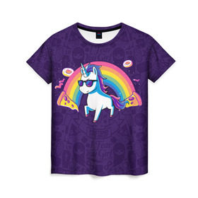 Женская футболка 3D с принтом Радужный Единорог в Очках в Тюмени, 100% полиэфир ( синтетическое хлопкоподобное полотно) | прямой крой, круглый вырез горловины, длина до линии бедер | Тематика изображения на принте: colors | pizza | pony | rainbow | unicorn | бекон | единорог | конь | очки | пицца | пони | пончик | радуга | рог | солнцезащитные очки
