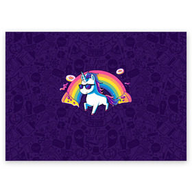 Поздравительная открытка с принтом Радужный Единорог в Очках в Тюмени, 100% бумага | плотность бумаги 280 г/м2, матовая, на обратной стороне линовка и место для марки
 | colors | pizza | pony | rainbow | unicorn | бекон | единорог | конь | очки | пицца | пони | пончик | радуга | рог | солнцезащитные очки