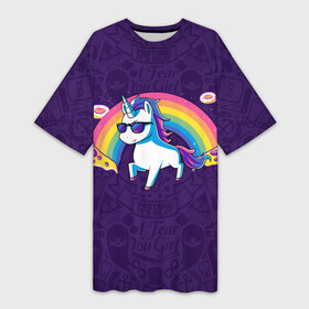 Платье-футболка 3D с принтом Радужный Единорог в Очках в Тюмени,  |  | colors | pizza | pony | rainbow | unicorn | бекон | единорог | конь | очки | пицца | пони | пончик | радуга | рог | солнцезащитные очки