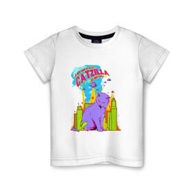Детская футболка хлопок с принтом Catzilla в Тюмени, 100% хлопок | круглый вырез горловины, полуприлегающий силуэт, длина до линии бедер | cat | city | ufo | вторжение | город | кот | котик | лазер | лучи | монстр | нло | торнадо