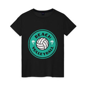 Женская футболка хлопок с принтом Пляжный волейбол в Тюмени, 100% хлопок | прямой крой, круглый вырез горловины, длина до линии бедер, слегка спущенное плечо | sport | volleyball | волейбол | игрок | лето | море | мяч | пальма | пляж | победа | спорт