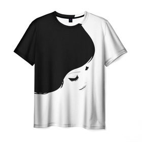 Мужская футболка 3D с принтом Лицо и волосы девушки в Тюмени, 100% полиэфир | прямой крой, круглый вырез горловины, длина до линии бедер | белое | брови | волосы | глаза | голова | губы | девочка | девушка | женщина | инь янь | красивая | переход | текстура | черное