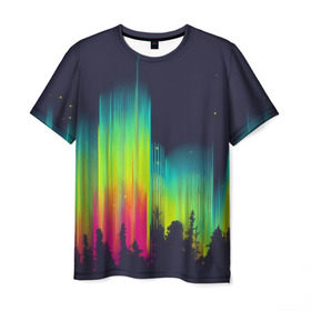 Мужская футболка 3D с принтом Северное сияние в Тюмени, 100% полиэфир | прямой крой, круглый вырез горловины, длина до линии бедер | бор | деревья | звездное | звезды | зеленый | кислота | кислотный | красный | лес | лучи | небо | ночь | природа | радужный | свет | север | тайга