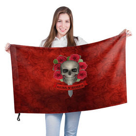 Флаг 3D с принтом Gans N Roses в Тюмени, 100% полиэстер | плотность ткани — 95 г/м2, размер — 67 х 109 см. Принт наносится с одной стороны | gans n roses | группа | исполнители | меч | музыка | песни | розы | рок группа | череп