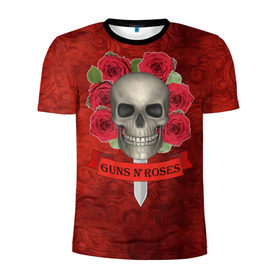 Мужская футболка 3D спортивная с принтом Gans N Roses в Тюмени, 100% полиэстер с улучшенными характеристиками | приталенный силуэт, круглая горловина, широкие плечи, сужается к линии бедра | gans n roses | группа | исполнители | меч | музыка | песни | розы | рок группа | череп