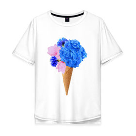 Мужская футболка хлопок Oversize с принтом Мороженое букет в Тюмени, 100% хлопок | свободный крой, круглый ворот, “спинка” длиннее передней части | flowers | василек | вафля | гортензия | магнолия | рожок | розовый | синий | цветы
