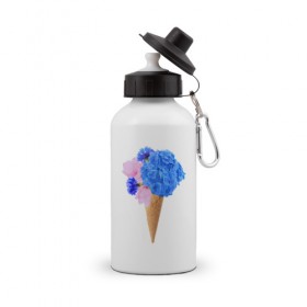 Бутылка спортивная с принтом Мороженое букет в Тюмени, металл | емкость — 500 мл, в комплекте две пластиковые крышки и карабин для крепления | flowers | василек | вафля | гортензия | магнолия | рожок | розовый | синий | цветы