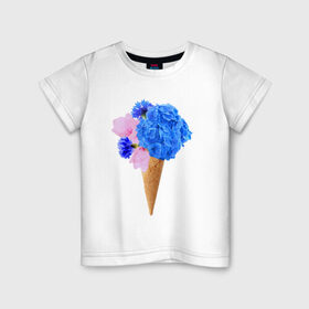 Детская футболка хлопок с принтом Мороженое букет в Тюмени, 100% хлопок | круглый вырез горловины, полуприлегающий силуэт, длина до линии бедер | flowers | василек | вафля | гортензия | магнолия | рожок | розовый | синий | цветы