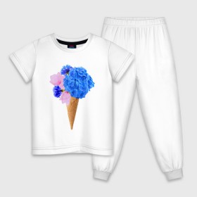 Детская пижама хлопок с принтом Мороженое букет в Тюмени, 100% хлопок |  брюки и футболка прямого кроя, без карманов, на брюках мягкая резинка на поясе и по низу штанин
 | flowers | василек | вафля | гортензия | магнолия | рожок | розовый | синий | цветы