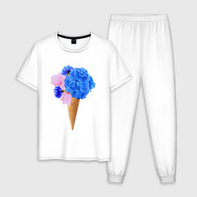 Мужская пижама хлопок с принтом Мороженое букет в Тюмени, 100% хлопок | брюки и футболка прямого кроя, без карманов, на брюках мягкая резинка на поясе и по низу штанин
 | flowers | василек | вафля | гортензия | магнолия | рожок | розовый | синий | цветы
