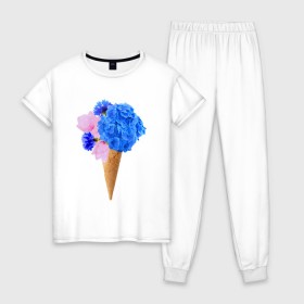 Женская пижама хлопок с принтом Мороженое букет в Тюмени, 100% хлопок | брюки и футболка прямого кроя, без карманов, на брюках мягкая резинка на поясе и по низу штанин | flowers | василек | вафля | гортензия | магнолия | рожок | розовый | синий | цветы