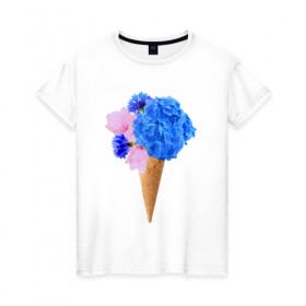 Женская футболка хлопок с принтом Мороженое букет в Тюмени, 100% хлопок | прямой крой, круглый вырез горловины, длина до линии бедер, слегка спущенное плечо | Тематика изображения на принте: flowers | василек | вафля | гортензия | магнолия | рожок | розовый | синий | цветы