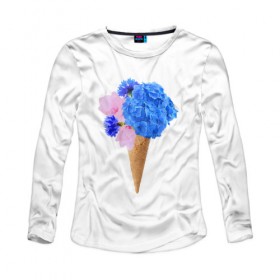 Женский лонгслив хлопок с принтом Мороженое букет в Тюмени, 100% хлопок |  | flowers | василек | вафля | гортензия | магнолия | рожок | розовый | синий | цветы