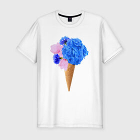 Мужская футболка премиум с принтом Мороженое букет в Тюмени, 92% хлопок, 8% лайкра | приталенный силуэт, круглый вырез ворота, длина до линии бедра, короткий рукав | flowers | василек | вафля | гортензия | магнолия | рожок | розовый | синий | цветы