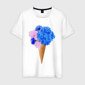 Мужская футболка хлопок с принтом Мороженое букет в Тюмени, 100% хлопок | прямой крой, круглый вырез горловины, длина до линии бедер, слегка спущенное плечо. | flowers | василек | вафля | гортензия | магнолия | рожок | розовый | синий | цветы