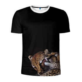 Мужская футболка 3D спортивная с принтом Гепарды в Тюмени, 100% полиэстер с улучшенными характеристиками | приталенный силуэт, круглая горловина, широкие плечи, сужается к линии бедра | Тематика изображения на принте: арт | гепард | животные | кошка | нежность | пара
