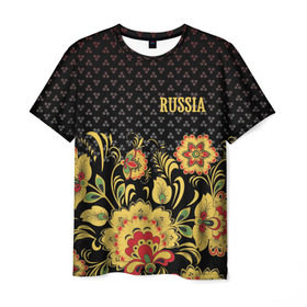 Мужская футболка 3D с принтом Россия в Тюмени, 100% полиэфир | прямой крой, круглый вырез горловины, длина до линии бедер | роспись | россия | хохлома | цветы | я русский