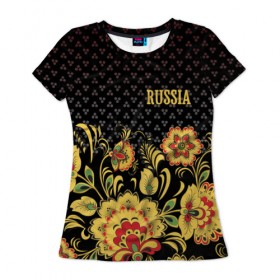 Женская футболка 3D с принтом Россия в Тюмени, 100% полиэфир ( синтетическое хлопкоподобное полотно) | прямой крой, круглый вырез горловины, длина до линии бедер | роспись | россия | хохлома | цветы | я русский