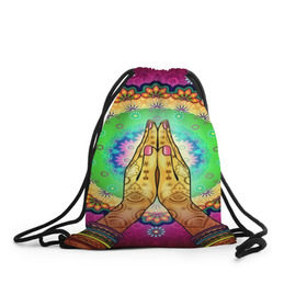 Рюкзак-мешок 3D с принтом Meditation в Тюмени, 100% полиэстер | плотность ткани — 200 г/м2, размер — 35 х 45 см; лямки — толстые шнурки, застежка на шнуровке, без карманов и подкладки | 3d | indian | mandala | арт | йога | медитация | руки | узор | цветы