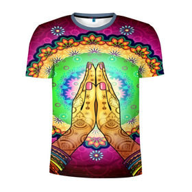 Мужская футболка 3D спортивная с принтом Meditation в Тюмени, 100% полиэстер с улучшенными характеристиками | приталенный силуэт, круглая горловина, широкие плечи, сужается к линии бедра | Тематика изображения на принте: 3d | indian | mandala | арт | йога | медитация | руки | узор | цветы