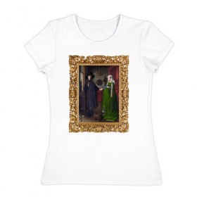 Женская футболка хлопок с принтом Портрет четы Арнольфини в Тюмени, 100% хлопок | прямой крой, круглый вырез горловины, длина до линии бедер, слегка спущенное плечо | возрождение | живопись | портрет | северное возрождение | ян ван эйк