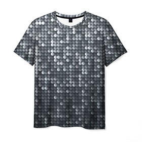 Мужская футболка 3D с принтом Мелкие Шарики в Тюмени, 100% полиэфир | прямой крой, круглый вырез горловины, длина до линии бедер | Тематика изображения на принте: кольчуга | металл | перелив | рыбный | серебро | черно белый | чешуйки | чешуя