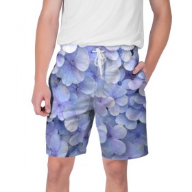 Мужские шорты 3D с принтом Гортензия голубая в Тюмени,  полиэстер 100% | прямой крой, два кармана без застежек по бокам. Мягкая трикотажная резинка на поясе, внутри которой широкие завязки. Длина чуть выше колен | hydrangea | лето | нежность | незабудка | цветы