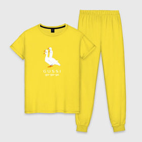 Женская пижама хлопок с принтом gussi в Тюмени, 100% хлопок | брюки и футболка прямого кроя, без карманов, на брюках мягкая резинка на поясе и по низу штанин | gucci | gusi | gussi | гуси | гучи | гуччи | прикол