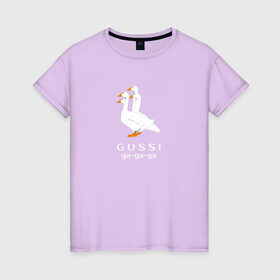 Женская футболка хлопок с принтом gussi в Тюмени, 100% хлопок | прямой крой, круглый вырез горловины, длина до линии бедер, слегка спущенное плечо | gucci | gusi | gussi | гуси | гучи | гуччи | прикол
