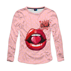 Женский лонгслив 3D с принтом Lips в Тюмени, 100% полиэстер | длинные рукава, круглый вырез горловины, полуприлегающий силуэт | 3d | love | pop art | арт | губы | девушкам | любовь | поп арт | поцелуй | розовый | сердечки