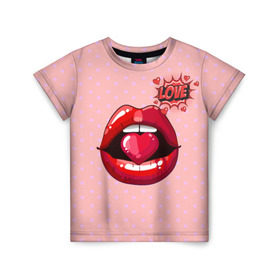 Детская футболка 3D с принтом Lips в Тюмени, 100% гипоаллергенный полиэфир | прямой крой, круглый вырез горловины, длина до линии бедер, чуть спущенное плечо, ткань немного тянется | 3d | love | pop art | арт | губы | девушкам | любовь | поп арт | поцелуй | розовый | сердечки