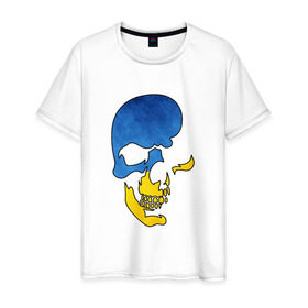 Мужская футболка хлопок с принтом Сине-желтый череп в Тюмени, 100% хлопок | прямой крой, круглый вырез горловины, длина до линии бедер, слегка спущенное плечо. | желтый | злой | зубы | кости | символ | синий | скелет | улыбка | череп