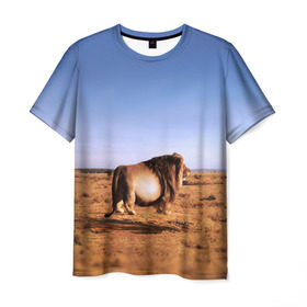 Мужская футболка 3D с принтом Толстый лев в Тюмени, 100% полиэфир | прямой крой, круглый вырез горловины, длина до линии бедер | Тематика изображения на принте: африка | грива | животное | жирный | зверь | король | лев | львица | обжора | ожиревший | оскал | песок | прайд | прикол | природа | рёв | рык | рычание | сафари | сильный | хищник | царь | царь зверей