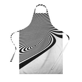 Фартук 3D с принтом Black&White illusion в Тюмени, 100% полиэстер | общий размер — 65 х 85 см, ширина нагрудника — 26 см, горловина — 53 см, длина завязок — 54 см, общий обхват в поясе — 173 см. Принт на завязках и на горловине наносится с двух сторон, на основной части фартука — только с внешней стороны | Тематика изображения на принте: 3d | абстракции | иллюзия | линии | полосы | черно белые