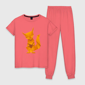 Женская пижама хлопок с принтом Origami в Тюмени, 100% хлопок | брюки и футболка прямого кроя, без карманов, на брюках мягкая резинка на поясе и по низу штанин | арт | животное | лиса | оригами