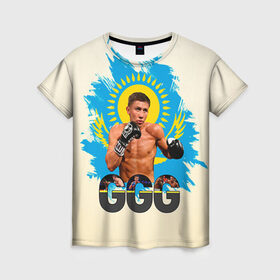 Женская футболка 3D с принтом Геннадий Головкин в Тюмени, 100% полиэфир ( синтетическое хлопкоподобное полотно) | прямой крой, круглый вырез горловины, длина до линии бедер | fighting | ggg | боец | боксер | борьба | драки
