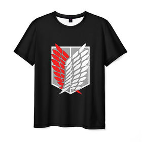Мужская футболка 3D с принтом Атака Титанов (эмблема) #9 в Тюмени, 100% полиэфир | прямой крой, круглый вырез горловины, длина до линии бедер | attack on titan | shingeki no kyojin | белый | красный | чёрный | эмблема разведчиков