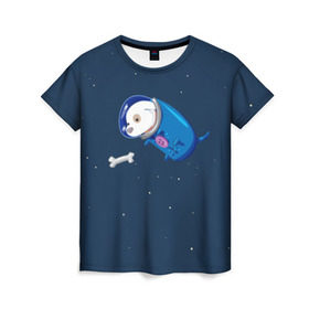 Женская футболка 3D с принтом Собачка в космосе в Тюмени, 100% полиэфир ( синтетическое хлопкоподобное полотно) | прямой крой, круглый вырез горловины, длина до линии бедер | звёзды | космонавт | космос | косточка | скафандр | собачка