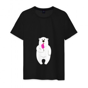 Мужская футболка хлопок с принтом Медведь и мороженое в Тюмени, 100% хлопок | прямой крой, круглый вырез горловины, длина до линии бедер, слегка спущенное плечо. | 