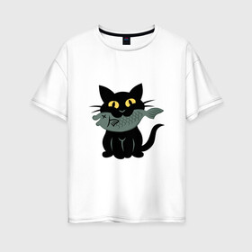Женская футболка хлопок Oversize с принтом Котик с рыбкой в Тюмени, 100% хлопок | свободный крой, круглый ворот, спущенный рукав, длина до линии бедер
 | black cat | cat | cats | cool | fish | nice | sweet | кот | кот и рыба | котик | котик с рыбкой | кошка | мило | милый | рыба | рыбка | черный
