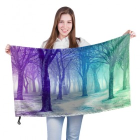 Флаг 3D с принтом Мрачный лес в Тюмени, 100% полиэстер | плотность ткани — 95 г/м2, размер — 67 х 109 см. Принт наносится с одной стороны | вечер | деревья | загадочный | зеленый | земля | зима | лес | необычный | природа | свет | свечение | сибирь | снег | тайга | фиолетовый | яркий