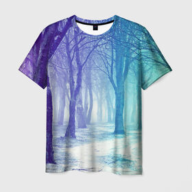Мужская футболка 3D с принтом Мрачный лес в Тюмени, 100% полиэфир | прямой крой, круглый вырез горловины, длина до линии бедер | вечер | деревья | загадочный | зеленый | земля | зима | лес | необычный | природа | свет | свечение | сибирь | снег | тайга | фиолетовый | яркий