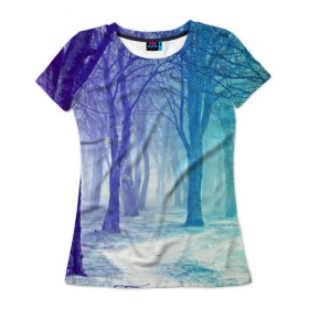 Женская футболка 3D с принтом Мрачный лес в Тюмени, 100% полиэфир ( синтетическое хлопкоподобное полотно) | прямой крой, круглый вырез горловины, длина до линии бедер | вечер | деревья | загадочный | зеленый | земля | зима | лес | необычный | природа | свет | свечение | сибирь | снег | тайга | фиолетовый | яркий