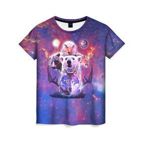 Женская футболка 3D с принтом Звериный прайд в Тюмени, 100% полиэфир ( синтетическое хлопкоподобное полотно) | прямой крой, круглый вырез горловины, длина до линии бедер | волк | вселенная | галактика | звезды | медведь | орел | пума | туманность