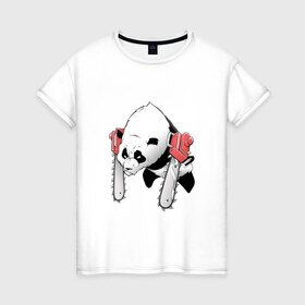 Женская футболка хлопок с принтом Панда - руки бензопилы в Тюмени, 100% хлопок | прямой крой, круглый вырез горловины, длина до линии бедер, слегка спущенное плечо | бамбук | бамбуковый медведь | бензопила | животное | злость | красная книга | кунгфу | лапы | мишка | опасный | оскал | панда | пила | прикольный | тростник | эвкалипт | япония | ярость