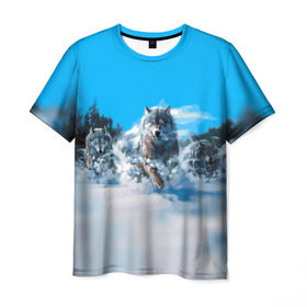 Мужская футболка 3D с принтом Волчья охота в Тюмени, 100% полиэфир | прямой крой, круглый вырез горловины, длина до линии бедер | бирюк | волк | волчара | волчица | волчок | глаза | животное | животные | зверь | зима | злость | картина | койот | рисунок | санитар леса | серый | снег | стая | три | хищник | цветной | шакал