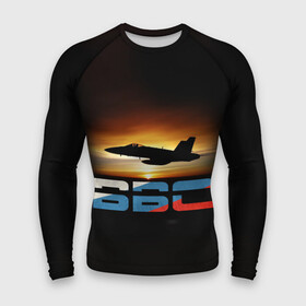 Мужской рашгард 3D с принтом Истребитель Су 57 на закате в Тюмени,  |  | Тематика изображения на принте: самолет