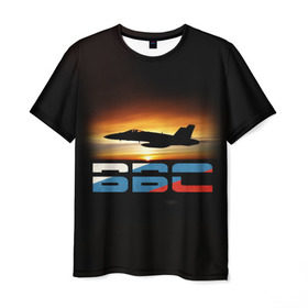 Мужская футболка 3D с принтом Истребитель ВВС на закате в Тюмени, 100% полиэфир | прямой крой, круглый вырез горловины, длина до линии бедер | самолет